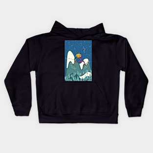 Freestyle woman skier on snowy mountain at dusk Kids Hoodie